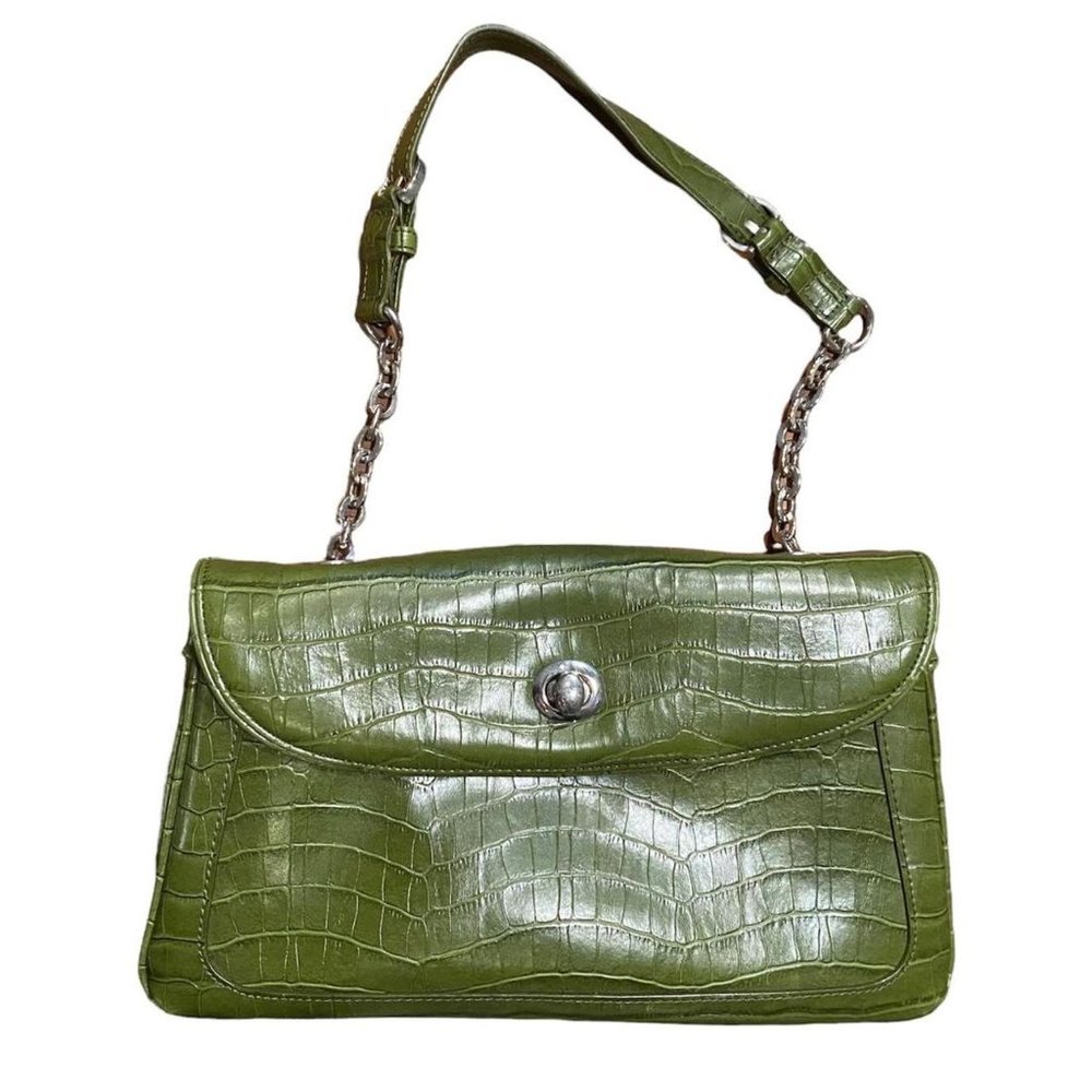 Early 2000s red faux crocodile green purse with adorable pink lining
